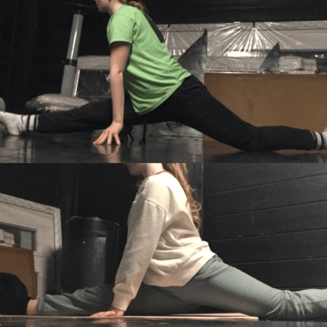 2 photos - 1 before working on front splits with Anita and 1 after