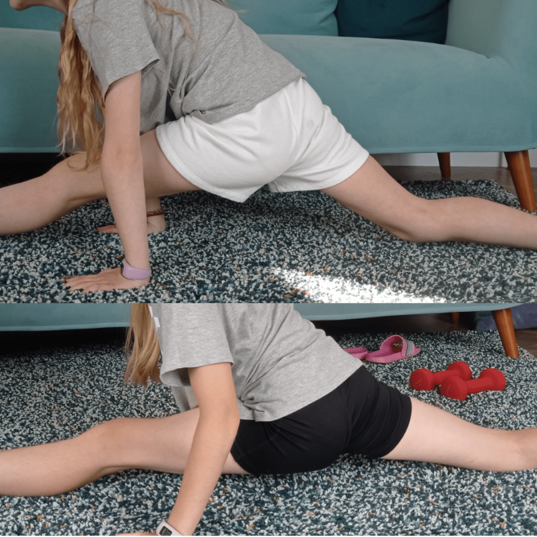 2 photos - 1 before working on front splits with Anita and 1 after