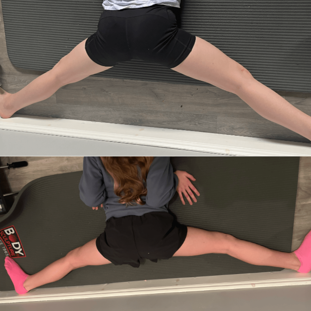 2 photos - 1 before working on middle splits with Anita and 1 after