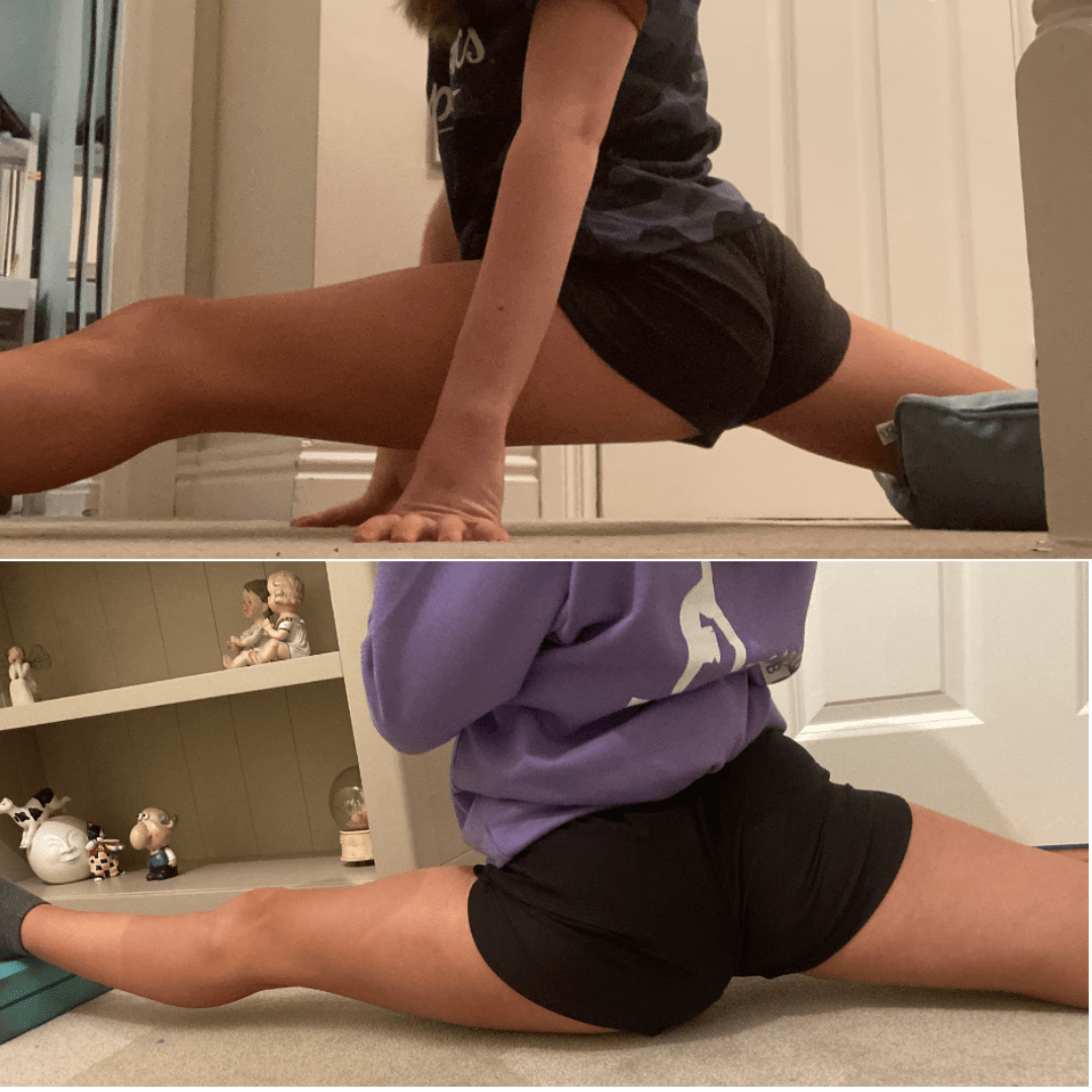 2 photos - 1 before working on front splits with Anita and 1 after