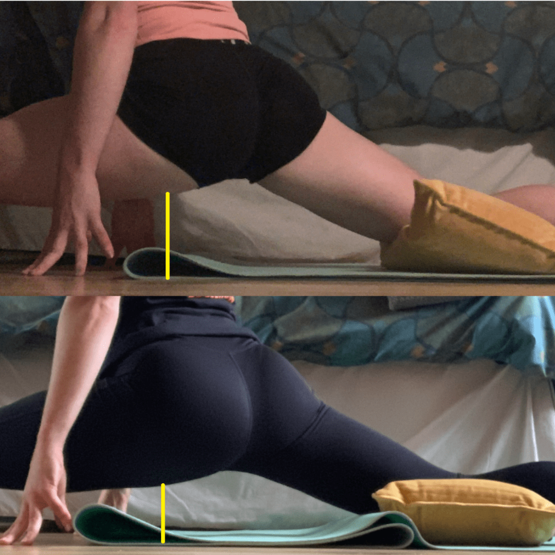 2 photos - 1 before working on front splits with Anita and 1 after