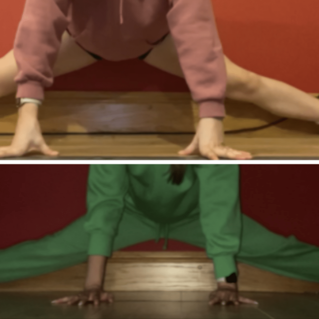 2 photos - 1 before working on middle splits with Anita and 1 after