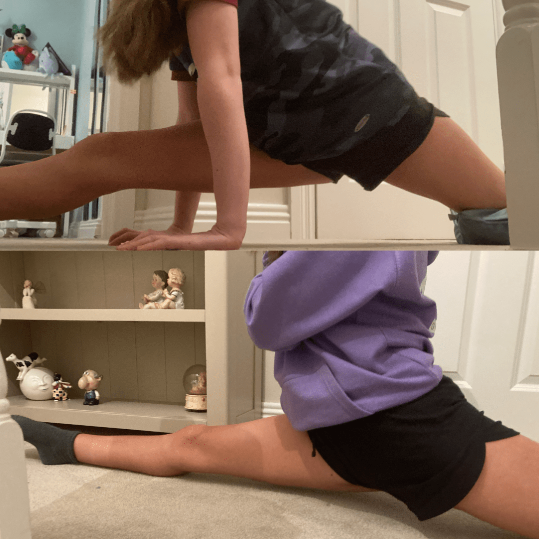 2 photos - 1 before working on front splits with Anita and 1 after