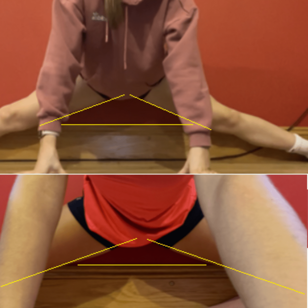 2 photos - 1 before working on front splits with Anita and 1 after