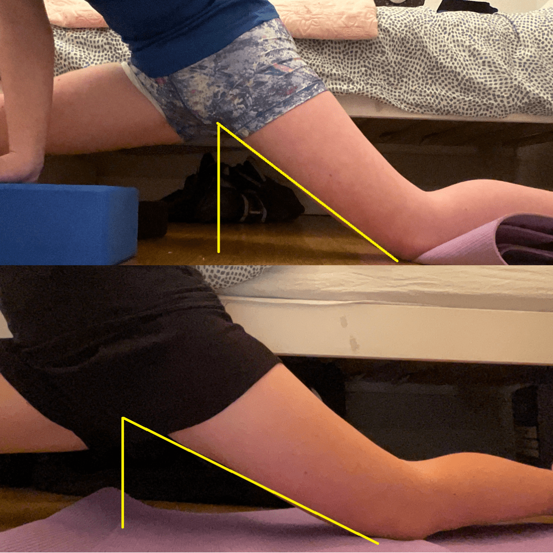 2 photos - 1 before working on front splits with Anita and 1 after