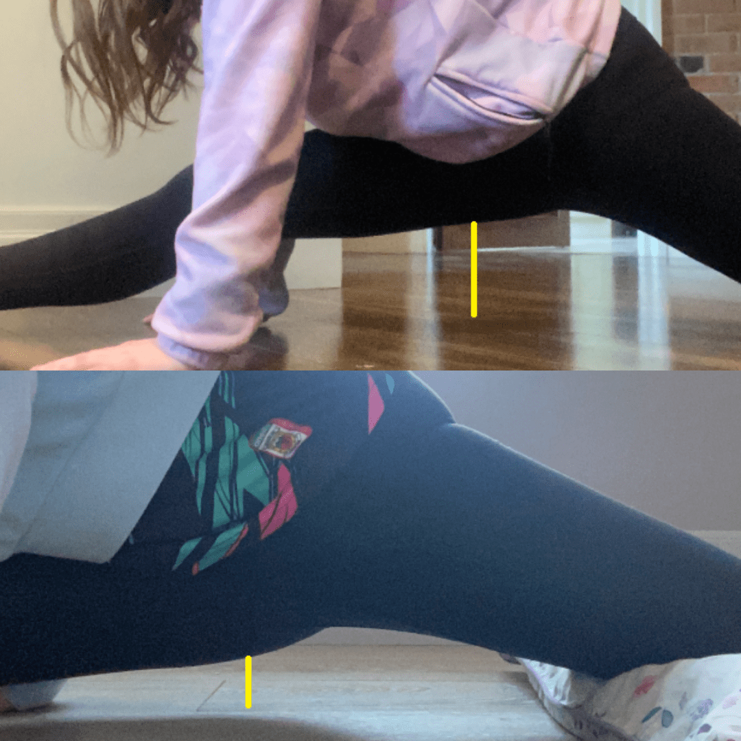 2 photos - 1 before working on front splits with Anita and 1 after
