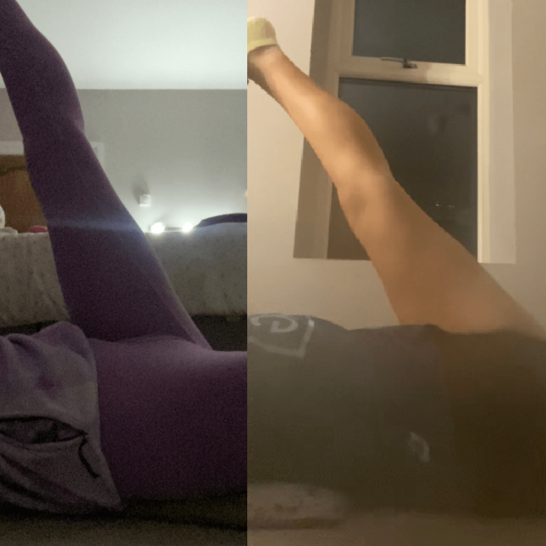 2 photos - 1 before working on front splits with Anita and 1 after