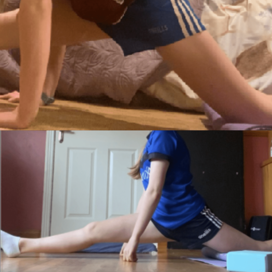 2 photos - 1 before working on front splits with Anita and 1 after