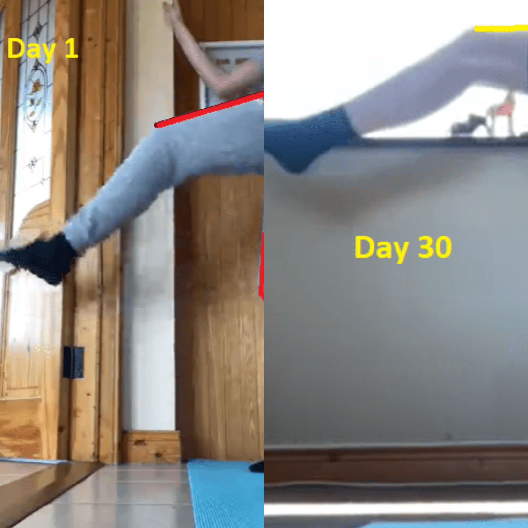 2 photos - 1 before working on kicks splits with Anita and 1 after