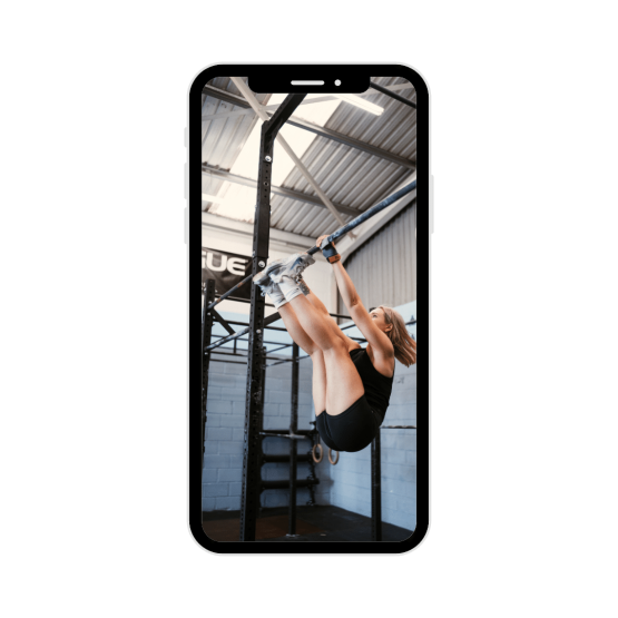 iPhone with photo inside of anita touching toes to high bar in the gym